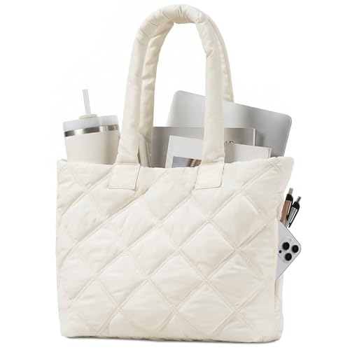 Tote Bag for Women, Puffer Women Tote Bag with Zipper, Quilted Work Bag Shoulder Bag Handbags Large Purse for Casual (Beige-medium) by soewten - Used condition - CA$17.15