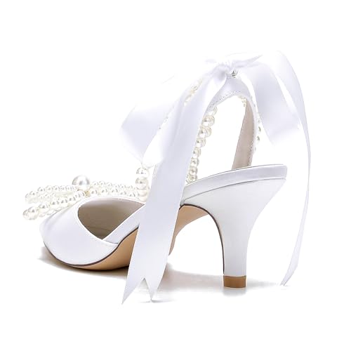 Women's Closed Toe Wedding Shoes Pearls Low Heel Slingback Kitten Heels Pointed Toe Bow Pumps High Heeled Prom Dress Shoes Sandals2