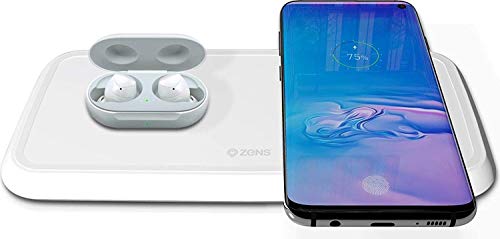 ZENS Dual Wireless Phone Charging Pad - Qi Charging Pad with 2X 10 Watt Power Output - Supports Samsung Fast Charging - Works Qi Enabled Devices - Includes AC/DC Adapter - White