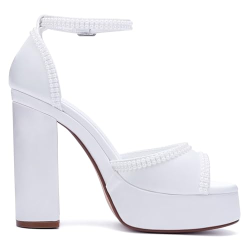 Image of Platform Heels Wedding Shoes for Bride Ankle Strap Bridal Heeled Sandals Wedding Heels