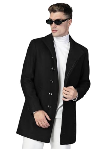 Image of CHKOKKO Men Stylish Long Winter Coat Single Breasted Thigh Length Overcoat with Elegant Spread Collar & Practical Front Side Pockets for Formal or Semi-Formal Occasions