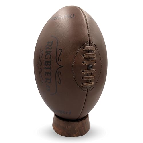 RUGBIER – Balón de Rugby Vintage de Piel + tee de Madera - Talla 5 - Regalo Decorativo de Coleccionista para Aficionados y Jugadores - Diseño Tradicional en Marrón Oscuro