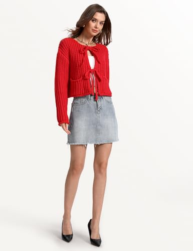Image of Yimoon Womens Tie Front Chunky Cardigan Sweater Cropped Long Sleeve Open Front Cardigan Knit Trendy Sweater Tops (Red-M)