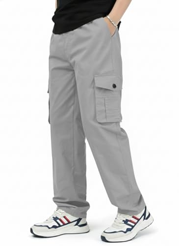 Image of Men's Cotton Cargo Pant | 5 Pocket Style Drawstring Elastic Waist Relaxed Fit Straight Leg, Breathable Durable Work Hiking Casual Trousers in Grey Silver Beige Black Sizes 30 to 42