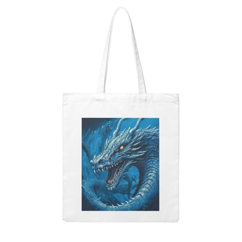 Dragon Cool Blue Large Canvas Tote Bag Cute Travel Shoulder Bag Reusable Washable Shopping Grocery Bags For Women Men