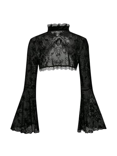 GORGLITTER Women's Lace Gothic Bolero Shrugs Tops Y2k Goth Floral Mesh Bell Long Sleeve Lightweight Dress Cardigan