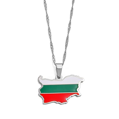 Die Volksrepublik Bulgarien Karte Flagge Anhänger Halsketten Bulgarische Halsketten Frauen Männer Schmuck / Strukturierte 3D-Modekarte Mode-Halskette Geschenk, Silberfarbe, 45 Cm Oder 17,7 Zoll