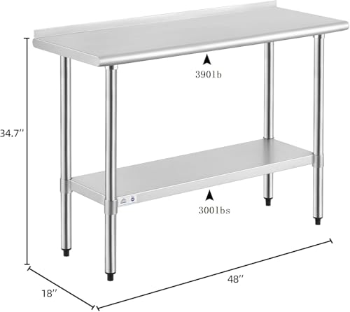 Image of ROCKPOINT Stainless Steel Table for Prep & Work with Backsplash 18x48 Inches, NSF Metal Commercial Kitchen Heavy Duty Table with Adjustable Under Shelf and Table Foot for Restaurant, Home and Hotel