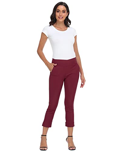 Image of HDE Pull On Capri Pant for Women w /Pockets Elastic Waist Cropped Work Pant | Comfortable Pull On Waist, Tailored Fit with Cuff, Stretchy Summer Office Pants, 24.25 inch Inseam, Professional Dress Capris