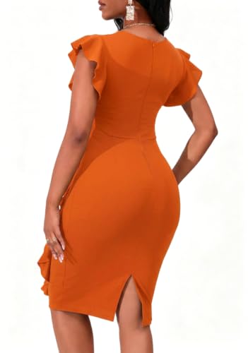 Image of PerZeal Women's 2026 Flutter Sleeve Bodycon Midi Dress Sexy Crew Neck Knit Ruffle Wear to Work Cocktail Party Pencil Dresses