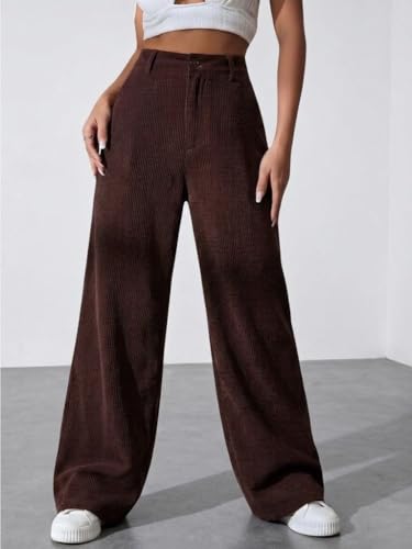Image of SMOWKLY Women's Corduroy Mid Rise Wide Leg Korean Bottomwear with Pocket | Loose & Relaxed Fit Casual Baggy Trousers for Woman Elegant Workwear for Office, College & Events