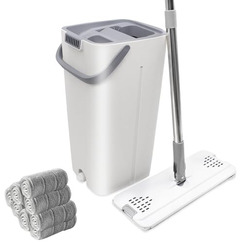 Wischmopp und Eimer mit Auswringer-Set, Freihändiger Flacher Bodenwischer und Eimer mit 8 Waschbaren Mikrofaser-Pads, Nass- und Trockengebrauch, Wischmopp Set, Bodenreinigungssystem