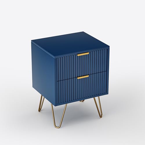 VixorLuilith Mesita de Noche Moderna con Rayas estriadas y 2 cajones, Color Azul Marino, Mesa Auxiliar de Madera con Asas de Metal Doradas y Base para Dormitorio y Sala de Estar (2 cajones)