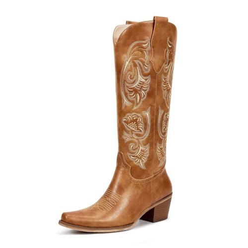 Image of wetkiss Women's Knee High Cowboy Boots | Western Cowgirl, Embroidered Pointed Toe, PU Leather, Chunky Heel, Pull On Tall