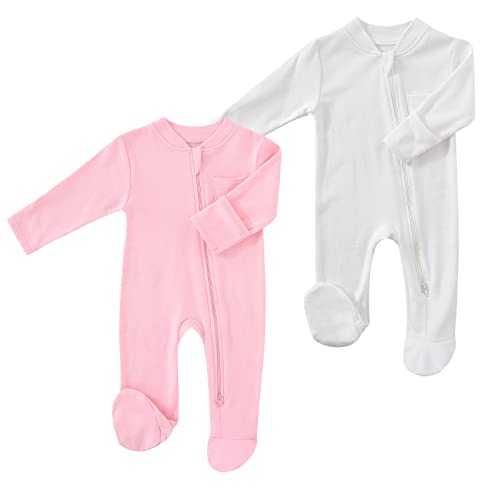 Image of HahaNice Baby 2 Way Zipper Girls Boys 100% Cotton Footed Sleep and Play with Mitten Cuffs 0-12 Months