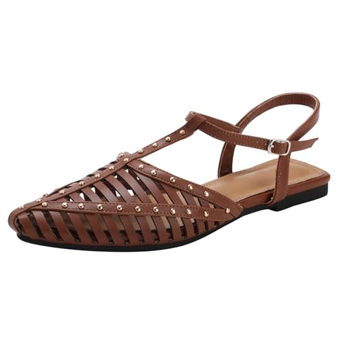 Sandalias planas vintage con correa en T y remaches trenzados de puntera cerrada