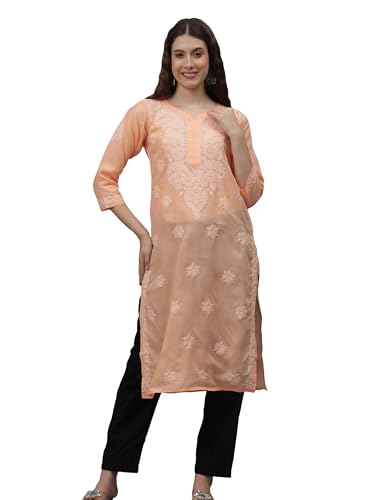 Image of Seva Chikan Hand Embroidered Lucknowi Chikankari Appricoat Peach Terivoil Cotton Kurta for Women SCL4603
