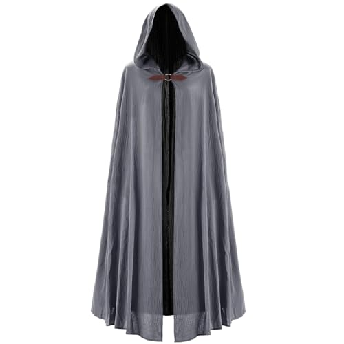 Forwe Renaissance Hooded Cloak for Women Men Linen Medieval Cape for Halloween Costume Cosplay (Grey)