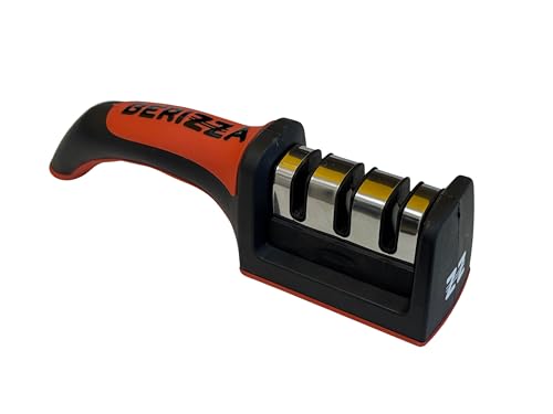 Afilador Profesional Berizza Para Cuchillos Apto para todos los tamaños de cuchillos,3 etapas de afilado y refinado, Mango ergonomico y base antideslizante (rojo)