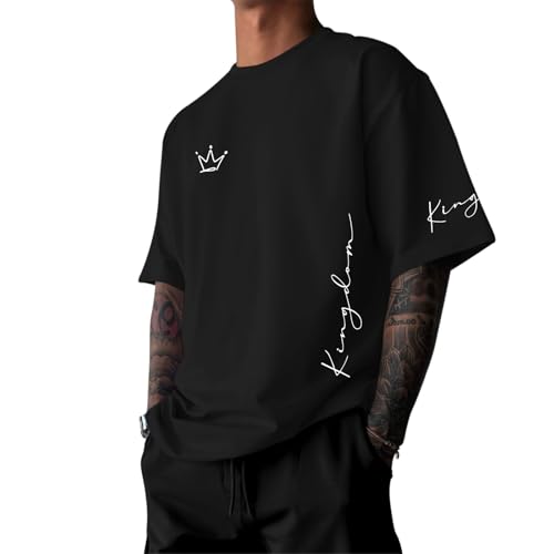 VikkBiss Mens King Shirt Graphic Tees Designer Printed T Shirts Urban Letter Oversized T-Shirt Streetwear Casual Loose Tops(Black L)