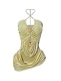 winkbay Women's Ruched Halter Mini Dress Summer Chain Cut Out Bodycon Asymmetrical Party Club Dresses Gold Medium