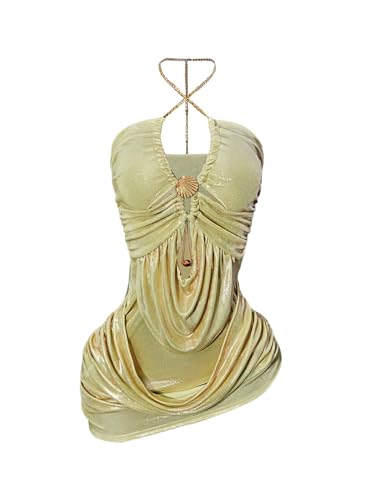 winkbay Women's Ruched Halter Mini Dress Summer Chain Cut Out Bodycon Asymmetrical Party Club Dresses Gold Medium
