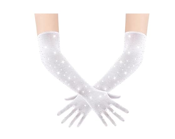 1Pair White Mesh Rhinestone Gloves Long Tulle Sheer Sparkly Elbow Length Stretchy Accessory Party Wedding Glam for Women