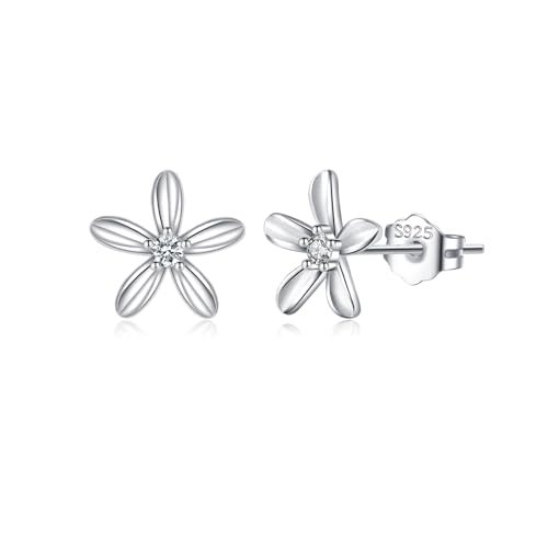 Reffeer Solid 925 Sterling Silver Small Flower Earrings Studs for Women Teens Pretty CZ Flower Stud Earrings Spring
