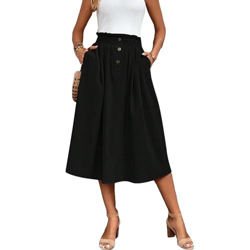 Verdusa Women’s Elastic Waist Pocket Side A Line Midi Swing Flared Skirt
