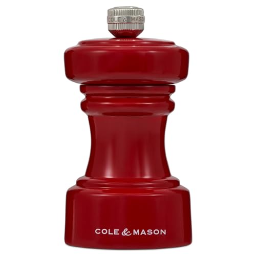 Cole & Mason Hoxton Moulin à sel rouge brillant, mécanisme en céramique non corrosif, moulin à sel compact avec broyage réglable, bois de hêtre, 104 mm,...