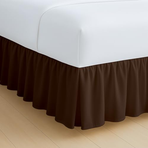 Rajlinen Ruffled Bed Skirt Full XL, 12 Inch Drop Dust Ruffle with Split Corners, 100% Microfiber Bedskirt with Platform, Three-Sided Coverage Ruffled Gathering Design, Chocolate