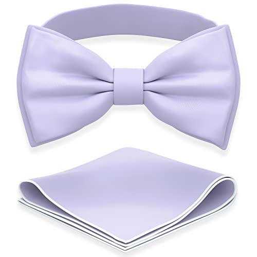 Adam Young Mens Light Purple Bow Tie with Handkerchief Pre-Tied Style Formal Satin Classic Bowtie for Tuxedo Faux Silk (Large Lavender-Iris)