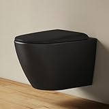 EMKE Toilette Hänge WC Schwarz Matt, 490 × 370 × 370 mm, Wand WC Spülrandlos mit Doppelloch-Gegenstrom & Mehrloch-Spülung, Keramik Toilettenschüssel, WC-Sitz Softclose & Schnelllösefunktion