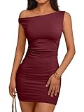 Trendy Queen Womens Mini Summer Dresses 2026 Graduation Going Out Off The Shoulder Bodycon Short Sexy Casual Party Club Cute Cocktail Spring Sundress Beach Fashion Vacation Outfits 2026 Burgundy XS
