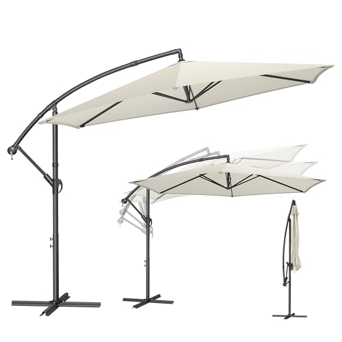 SONGMICS Parasol Déporté de 300 cm de Diamètre, Socle en Croix, Ombrelle, Protection UPF 50+, Manivelle d'Ouverture et de Fermeture, Jardin, Terrasse,...