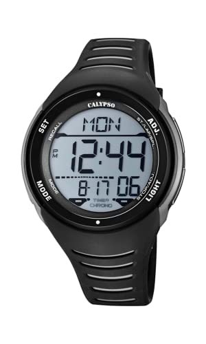 CALYPSO Reloj Digital Hombre de Caucho Negro   Resistente al Agua 10 ATM Fecha y Calendario, Cronógrafo, Doble Horario, Luz, Alarma, 12 y 24 Horas K5807/6 Flash Time