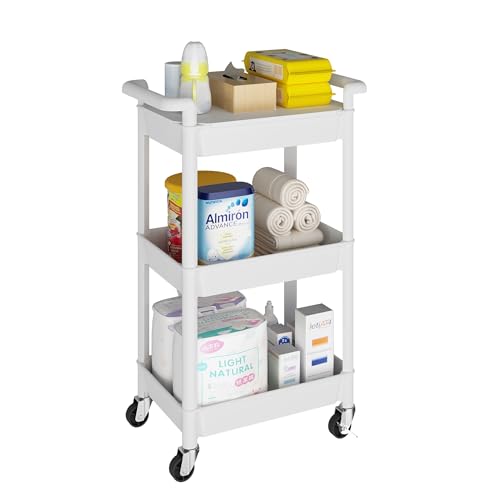 Image of MIOCASA Utility Rolling Cart with Cover Top Board, 3-Tier Kitchen Storage Organization, Art Cart with Wheels for Office, Classroom, Living Room, Kitchen, Bathroom, White, Plastic
