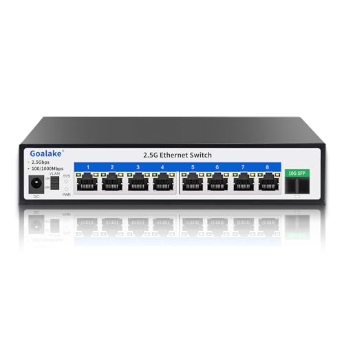 Goalake 8 Ports Ethernet Switch, 8X 2.5G RJ45 Ports and 1X 10G SFP Ports, 60Gbps Switching Capacity, Ideal for 2.5G NAS, 4K Video, Gaming PC, 2.5G Server, 2.5G WiFi AP,2.5G PCIe Adapter 2.5G Gigabit