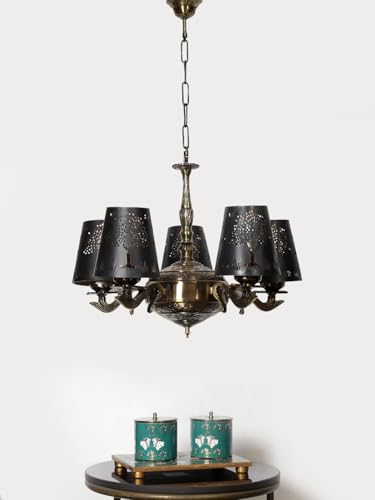 Image of Devansh 05 Lights Tree Metal Etched Shade with Antique Golden Chandelier -ZC