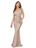 DYQIU Women Sequin Bridesmaid Dress V-Neck Sleeveless Party Maxi Dress Mermaid Formal Evening Prom Gowns (US, Alpha, XX-Large, Regular, Regular, Gold)