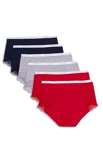 Tommy Hilfiger Womens Logo Waistband Lace Trim Cotton Brief 6 Pack, Tango Red/Heather Grey/Sky Captain, X-Large
