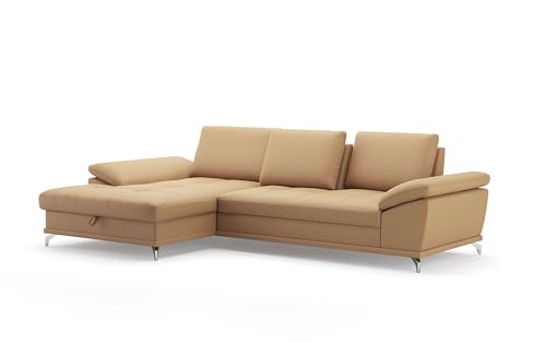 Cavadore Eckcouch Castiel mit Federkern / Ecksofa mit XL-Longchair, Bett, Bettkasten, Sitztiefenverstellung, Kopfstützen und mattschwarzen Metallfüßen / 301 x 89-114 x 176 / Echtleder, Beige