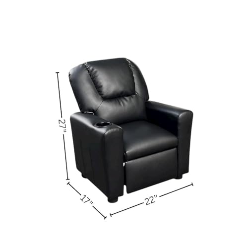 Image of Furnifact Marisa Black PU Leather Youth Recliner with Cupholder for Kids 142 inch Seat Height 14 inch Width 106 inch Depth