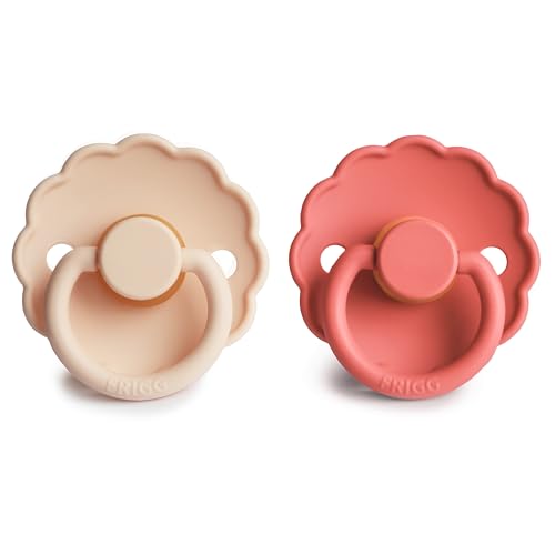 Image of FRIGG Daisy Natural Rubber Baby Pacifier | Made in Denmark | BPA-Free (Pink Cream /Poppy, Size 2) 2-Pack