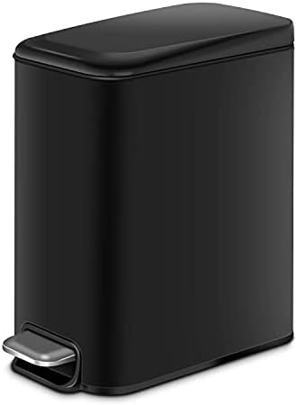 H+LUX Slim Small Bathroom Trash Can with Lid Soft Close,Black Small Trash can for Bathroom Bedroom Office with Removable Inner Wastebasket, Rectangular Foot Pedal Trash Bin, 5L/1.3Gal