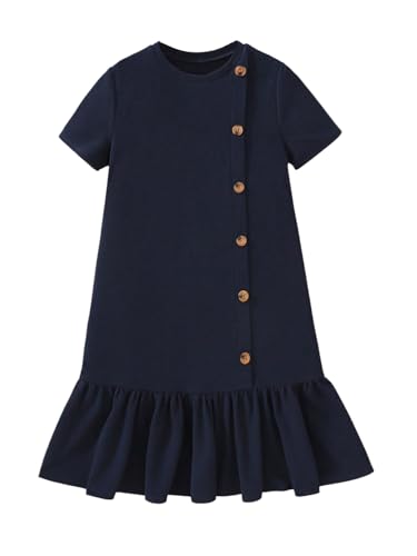 SweatyRocks Girl's Ruffle A Line Midi Dress Button Crew Neck Short Sleeve Dresses