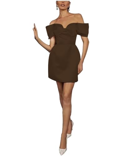 Image of Women;s Off the Shoulder Homecoming Dresses with Bow Satin Short Coffee Prom Dress 2026 Simple Wedding Guest Gown Size 16