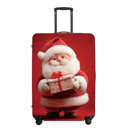 Image of Doll Style Luggage Cover - 3D Santa Holding Present on Red Background, Unique Suitcase Protector for 18 20 22 Inch Bag