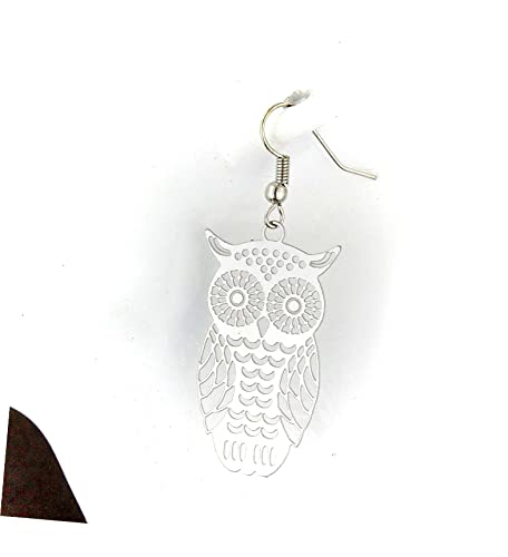 Silver Owl Earrings Dangle Cut Out Hoot Owl Bird 2"