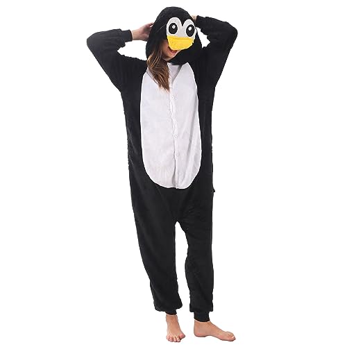 Krokodil deken onesie flanel krokodil slaapzak draagbare krokodil deken hoodie unisex eendelig ontwerp cartoon kostuum zachte krokodil kostuum onesie, pinguïn zwart, XL